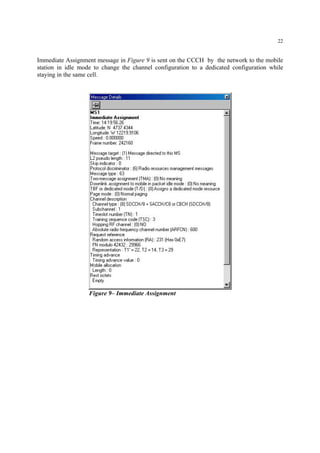 22
Immediate Assignment message in Figure 9 is sent on the CCCH by the network to the mobile
station in idle mode to change the channel configuration to a dedicated configuration while
staying in the same cell.
Figure 9– Immediate Assignment
 