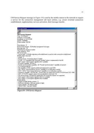 23
CM Service Request message in Figure 10 is sent by the mobile station to the network to request
a service for the connection management sub layer entities, e.g. circuit switched connection
establishment, supplementary services activation, short message transfer.
Figure10– CM Service Request
 
