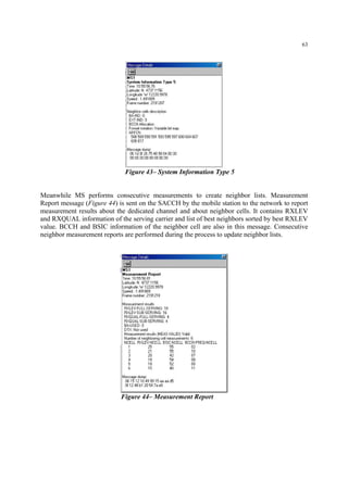 63
Figure 43– System Information Type 5
Meanwhile MS performs consecutive measurements to create neighbor lists. Measurement
Report message (Figure 44) is sent on the SACCH by the mobile station to the network to report
measurement results about the dedicated channel and about neighbor cells. It contains RXLEV
and RXQUAL information of the serving carrier and list of best neighbors sorted by best RXLEV
value. BCCH and BSIC information of the neighbor cell are also in this message. Consecutive
neighbor measurement reports are performed during the process to update neighbor lists.
Figure 44– Measurement Report
 