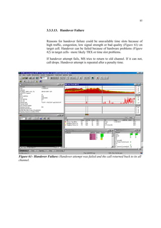 85
3.3.3.13. Handover Failure
Reasons for handover failure could be unavailable time slots because of
high traffic, congestion, low signal strength or bad quality (Figure 61) on
target cell. Handover can be failed because of hardware problems (Figure
62) in target cells –more likely TRX or time slot problems.
If handover attempt fails, MS tries to return to old channel. If it can not,
call drops. Handover attempt is repeated after a penalty time.
Figure 61– Handover Failure: Handover attempt was failed and the call returned back to its all
channel.
 