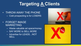 How To TRIPLE Your Leads in Less Than 30 daysToss out your old business cards!Produce a 3-6 page FREE REPORT that your prospects will WANT.Give it a “catchy title”: 11 SHOCKING REASONS…..Design a business card that will generate action! Use BOTH sides and SELL THEM ON WHY THEY NEED TO CONTACT YOU NOW!Drive them to your site to order. Make it non-threatening and easy to get.Pass out 1,000 of these cards in one month.
