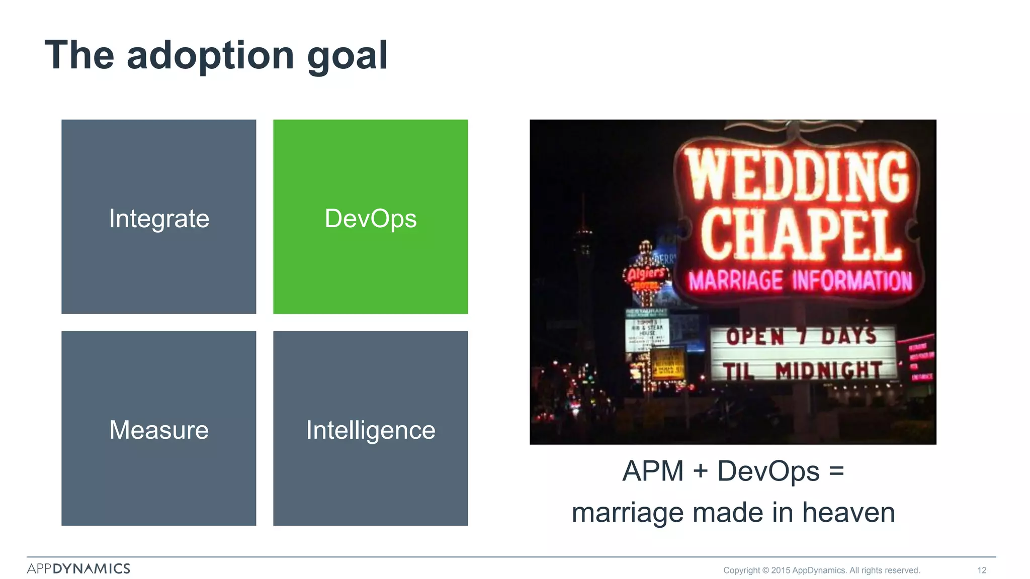 The adoption goal
Copyright © 2015 AppDynamics. All rights reserved. 12
APM + DevOps =
marriage made in heaven
Integrate
Measure
DevOps
Intelligence
 