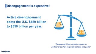 Disengagement is expensive!
“Engagement has a greater impact on
performance than corporate policies and perks”
Active disengagement
costs the U.S. $450 billion
to $550 billion per year.
 