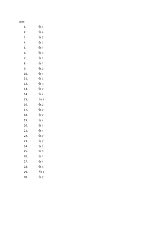 เฉลย
1. ขอ 4
2. ขอ 4
3. ขอ 2
4. ขอ 3
5. ขอ 1
6. ขอ 3
7. ขอ 1
8. ขอ 1
9. ขอ 2
10. ขอ 1
11. ขอ 2
12. ขอ 3
13. ขอ 2
14. ขอ 4
15. ขอ 4
16. ขอ 2
17. ขอ 2
18. ขอ 2
19. ขอ 4
20. ขอ 1
21. ขอ 1
22. ขอ 2
23. ขอ 2
24. ขอ 2
25. ขอ 3
26. ขอ 1
27. ขอ 4
28. ขอ 3
29. ขอ 4
30. ขอ 2
 