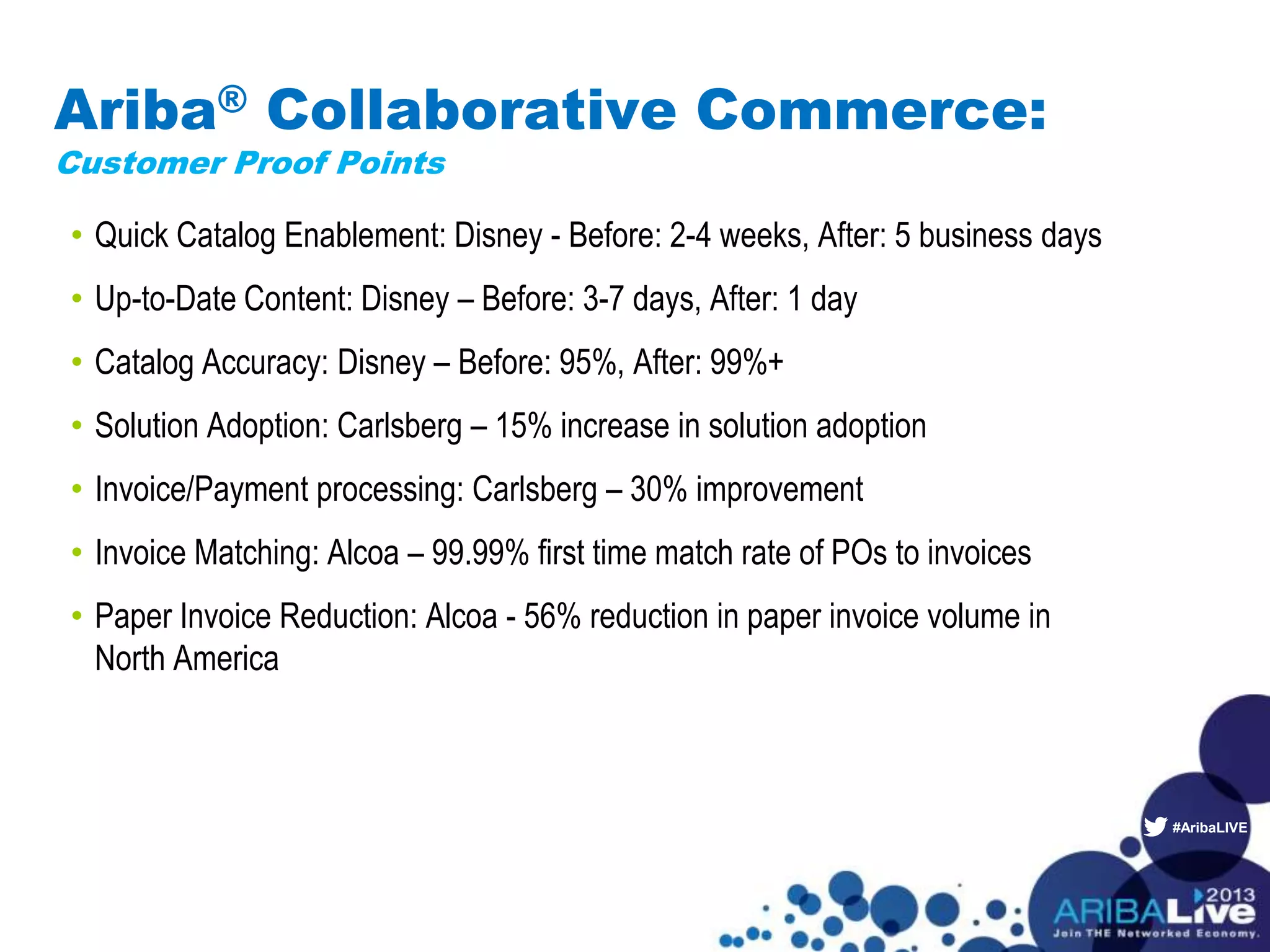 #AribaLIVE
Ariba® Collaborative Commerce:
Customer Proof Points
Competitive Differentiators• Quick Catalog Enablement: Disney - Before: 2-4 weeks, After: 5 business days
• Up-to-Date Content: Disney – Before: 3-7 days, After: 1 day
• Catalog Accuracy: Disney – Before: 95%, After: 99%+
• Solution Adoption: Carlsberg – 15% increase in solution adoption
• Invoice/Payment processing: Carlsberg – 30% improvement
• Invoice Matching: Alcoa – 99.99% first time match rate of POs to invoices
• Paper Invoice Reduction: Alcoa - 56% reduction in paper invoice volume in
North America
 