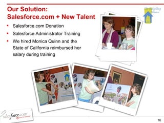 Our Solution:  Salesforce.com + New Talent  Salesforce.com Donation Salesforce Administrator Training  We hired Monica Quinn and the  State of California reimbursed her salary during training 
