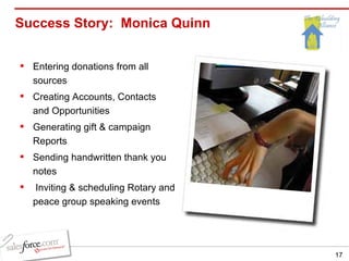 Success Story:  Monica Quinn Entering donations from all sources Creating Accounts, Contacts and Opportunities Generating gift & campaign Reports Sending handwritten thank you notes Inviting & scheduling Rotary and peace group speaking events 