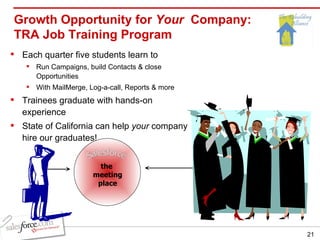 Growth Opportunity for  Your  Company: TRA Job Training Program  Each quarter five students learn to Run Campaigns, build Contacts & close Opportunities  With MailMerge, Log-a-call, Reports & more Trainees graduate with hands-on experience  State of California can help  your  company hire our graduates! the  meeting place Salesforce 