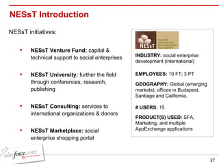 NESsT Introduction NESsT initiatives: NESsT Venture Fund:  capital & technical support to social enterprises NESsT University:  further the field through conferences, research, publishing NESsT Consulting:  services to international organizations & donors  NESsT Marketplace:  social enterprise shopping portal INDUSTRY:  social enterprise development (international) EMPLOYEES:  10 FT; 3 PT GEOGRAPHY:  Global (emerging markets), offices in Budapest, Santiago and California.  PRODUCT(S) USED:  SFA, Marketing, and multiple AppExchange applications # USERS:  15 