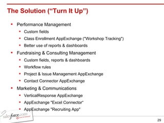 The Solution (“Turn It Up”)  Performance Management Custom fields Class Enrollment AppExchange ("Workshop Tracking")  Better use of reports & dashboards Fundraising & Consulting Management Custom fields, reports & dashboards Workflow rules Project & Issue Management AppExchange Contact Connector AppExchange Marketing & Communications  VerticalResponse AppExchange AppExchange "Excel Connector“ AppExchange "Recruiting App" 