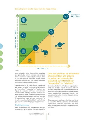 cognizant 20-20 insights 2
prove to be a key driver of competitive advantage
and growth, but only if accurate and complete
data is combined with in-depth analysis. This,
in turn, can produce actionable insights, better
decisions, increased ROI, cost savings, increased
profitability and improved processes.
Data can prove to be a key basis of competition
and growth. Its value can primarily be classified
as “information,” “knowledge” or “wisdom” (see
Figure 1). Analytics addresses such consider-
ations as what and why, as well as what will and
what should be done. Answering these questions
can uncover optimal courses of action, but only
if organizations make up-front investments in
complex modeling, the latest tools and technolo-
gies and the talents of highly skilled personnel.
The Data Journey
Many organizations are overwhelmed by data
because they fail to develop the right strategy to
derive benefits from it. In fact, most organizations
fail to look at all the aspects of colossal data col-
lectively, and instead seek to implement individual
point solutions to address specific issues. Organi-
zations need to think strategically and work col-
laboratively to realize the value of data in driving
business outcomes.
Data, value and analytics are directly proportional
to each other. With the immense growth of data,
organizations can realize higher value only if the
depth of analytics is increased. Figure 1 illustrates
this point.
Data can prove to be a key basis
of competition and growth.
Its value can primarily be
classified as “information,”
“knowledge” or “wisdom.”
Extracting Ever-Greater Value from the Flood of Data
Figure 1
Prescriptive
Predictive
Descriptive/
Diagnostic
Knowledge
Information
Regular
Big
Colossal
DATA SCALE
DEPTHOFANALYSIS
Wisdom
VALUE OF
ANALYSIS
 