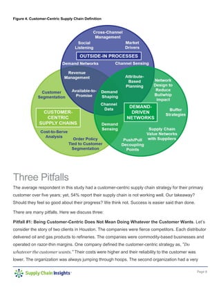 Page 8
Figure 4. Customer-Centric Supply Chain Definition
Three Pitfalls
The average respondent in this study had a customer-centric supply chain strategy for their primary
customer over five years; yet, 54% report their supply chain is not working well. Our takeaway?
Should they feel so good about their progress? We think not. Success is easier said than done.
There are many pitfalls. Here we discuss three:
Pitfall #1: Being Customer-Centric Does Not Mean Doing Whatever the Customer Wants. Let’s
consider the story of two clients in Houston. The companies were fierce competitors. Each distributor
delivered oil and gas products to refineries. The companies were commodity-based businesses and
operated on razor-thin margins. One company defined the customer-centric strategy as, "Do
whatever the customer wants." Their costs were higher and their reliability to the customer was
lower. The organization was always jumping through hoops. The second organization had a very
 