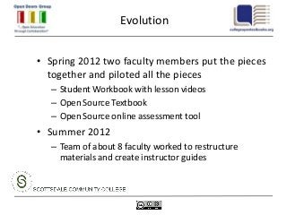 Evolution


• Spring 2012 two faculty members put the pieces
  together and piloted all the pieces
  – Student Workbook with lesson videos
  – Open Source Textbook
  – Open Source online assessment tool
• Summer 2012
  – Team of about 8 faculty worked to restructure
    materials and create instructor guides
 