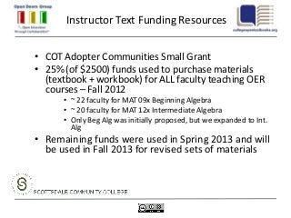 Instructor Text Funding Resources


• COT Adopter Communities Small Grant
• 25% (of $2500) funds used to purchase materials
  (textbook + workbook) for ALL faculty teaching OER
  courses – Fall 2012
      • ~ 22 faculty for MAT 09x Beginning Algebra
      • ~ 20 faculty for MAT 12x Intermediate Algebra
      • Only Beg Alg was initially proposed, but we expanded to Int.
        Alg
• Remaining funds were used in Spring 2013 and will
  be used in Fall 2013 for revised sets of materials
 