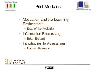 Pilot Modules

• Motivation and the Learning
  Environment
  – Lisa White-McNulty
• Information Processing
  – Brian Beitzel
• Introduction to Assessment
  – Nathan Gonyea
 
