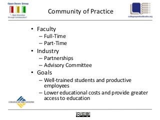 Community of Practice

• Faculty
  – Full-Time
  – Part-Time
• Industry
  – Partnerships
  – Advisory Committee
• Goals
  – Well-trained students and productive
    employees
  – Lower educational costs and provide greater
    access to education
 