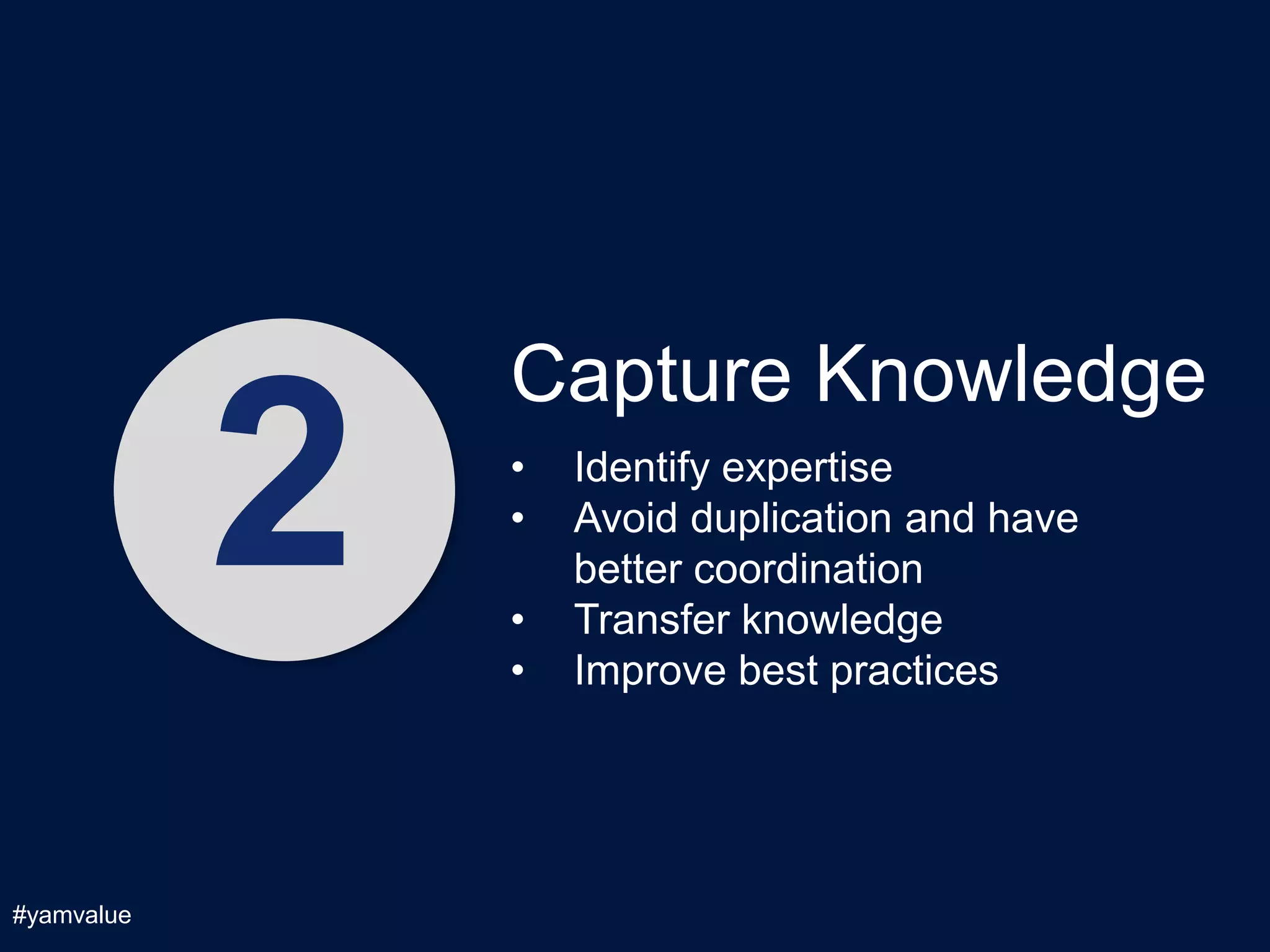 Capture Knowledge

            2   •
                •

                •
                •
                    Identify expertise
                    Avoid duplication and have
                    better coordination
                    Transfer knowledge
                    Improve best practices




#yamvalue
 