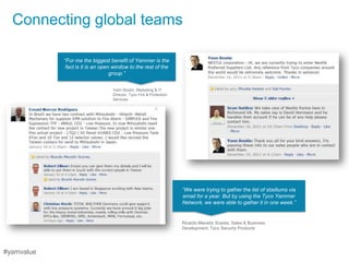 Connecting global teams

            “For me the biggest benefit of Yammer is the
             fact is it is an open window to the rest of the
                                  group.”


                                  Yann Boutin, Marketing & IT
                                  Director, Tyco Fire & Protection
                                  Services




                                                                     “We were trying to gather the list of stadiums via
                                                                     email for a year. But by using the Tyco Yammer
                                                                     Network, we were able to gather it in one week.”


                                                                     Ricardo Macedo Soares, Sales & Business
                                                                     Development, Tyco Security Products




#yamvalue
 