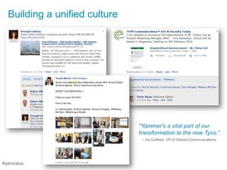 Building a unified culture




                               "Yammer's a vital part of our
                               transformation to the new Tyco.“
                                ~ Ira Gottlieb, VP of Global Communications




#yamvalue
 