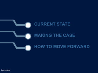 CURRENT STATE

            MAKING THE CASE

            HOW TO MOVE FORWARD




#yamvalue
 