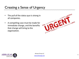 • The pull of the status quo is strong in
all companies.
• A compelling case must be made for
immediate change, and the benefits
that change will bring to the
organization.
Creating a Sense of Urgency
Abraxas Group LLC
www.abraxasgp.com
4
 