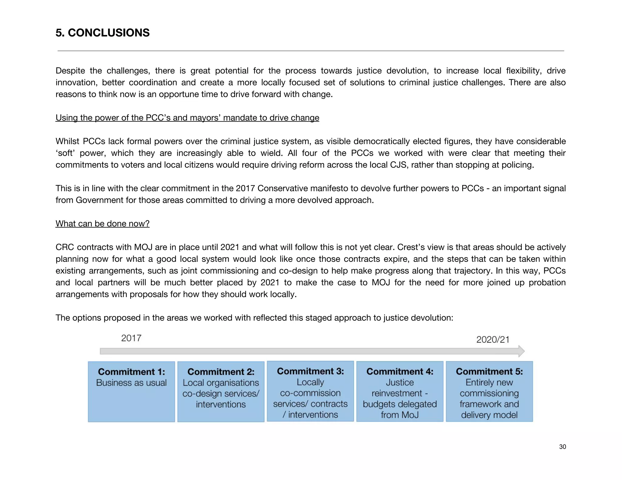 5. CONCLUSIONS 
 
 
Despite the challenges, there is great potential for the process towards justice devolution, to increase local flexibility, drive                                   
innovation, better coordination and create a more locally focused set of solutions to criminal justice challenges. There are also                                     
reasons to think now is an opportune time to drive forward with change.  
 
Using the power of the PCC’s and mayors’ mandate to drive change 
 
Whilst PCCs lack formal powers over the criminal justice system, as visible democratically elected figures, they have considerable                                   
‘soft’ power, which they are increasingly able to wield. All four of the PCCs we worked with were clear that meeting their                                           
commitments to voters and local citizens would require driving reform across the local CJS, rather than stopping at policing. 
 
This is in line with the clear commitment in the 2017 Conservative manifesto to devolve further powers to PCCs - an important signal                                             
from Government for those areas committed to driving a more devolved approach. 
 
What can be done now? 
 
CRC contracts with MOJ are in place until 2021 and what will follow this is not yet clear. Crest’s view is that areas should be actively                                                   
planning now for what a good local system would look like once those contracts expire, and the steps that can be taken within                                             
existing arrangements, such as joint commissioning and co-design to help make progress along that trajectory. In this way, PCCs                                     
and local partners will be much better placed by 2021 to make the case to MOJ for the need for more joined up probation                                               
arrangements with proposals for how they should work locally.  
 
The options proposed in the areas we worked with reflected this staged approach to justice devolution: 
 
30
 