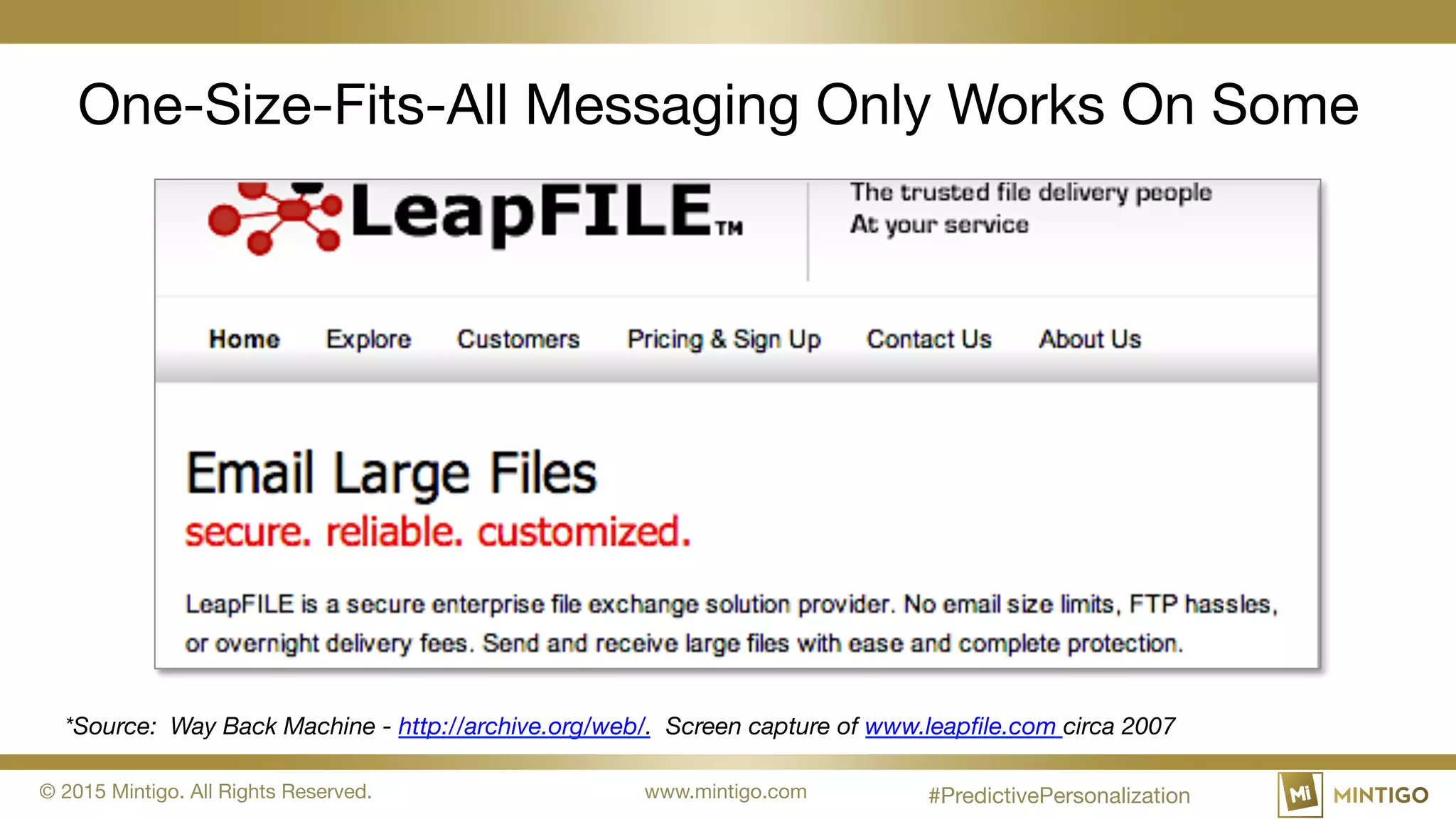 © 2015 Mintigo. All Rights Reserved. www.mintigo.com
One-Size-Fits-All Messaging Only Works On Some
*Source: Way Back Machine - http://archive.org/web/. Screen capture of www.leapfile.com circa 2007
#PredictivePersonalization
 