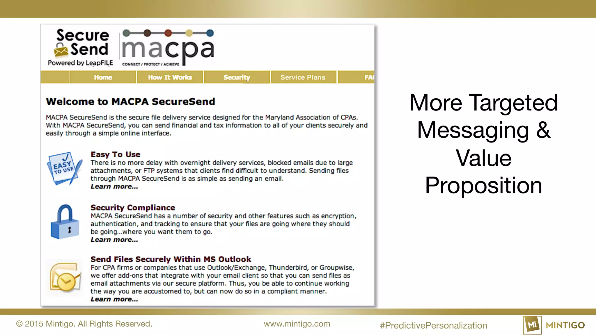 © 2015 Mintigo. All Rights Reserved. www.mintigo.com
More Targeted
Messaging &
Value
Proposition
#PredictivePersonalization
 