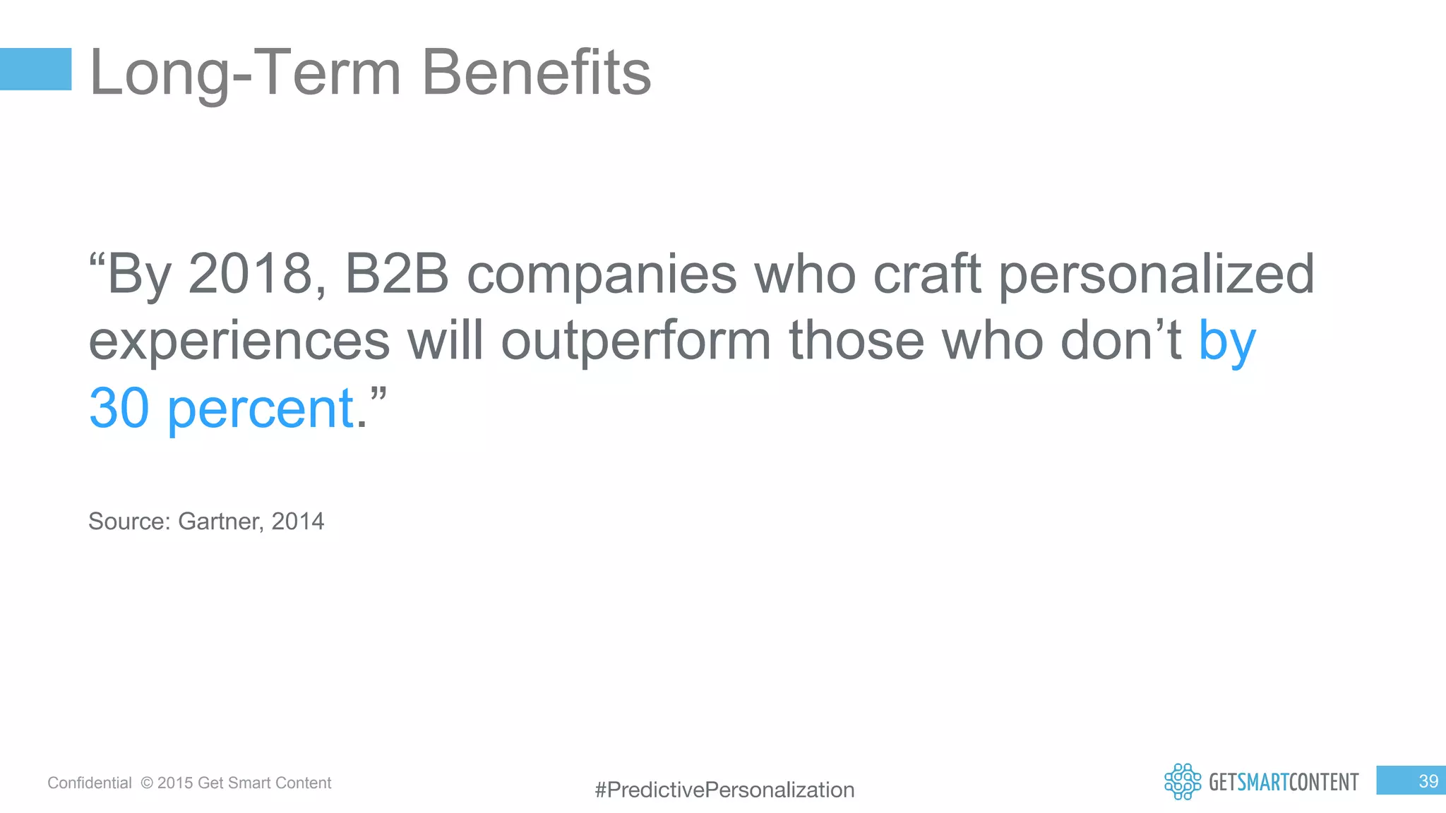 3
9
Confidential © 2015 Get Smart Content
Long-Term Benefits
“By 2018, B2B companies who craft personalized
experiences will outperform those who don’t by
30 percent.”
Source: Gartner, 2014
#PredictivePersonalization
 