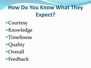 How Do You Know What They Expect?<br />Courtesy<br />Knowledge<br />Timeliness<br />Quality<br />Overall<br />Feedback<br />