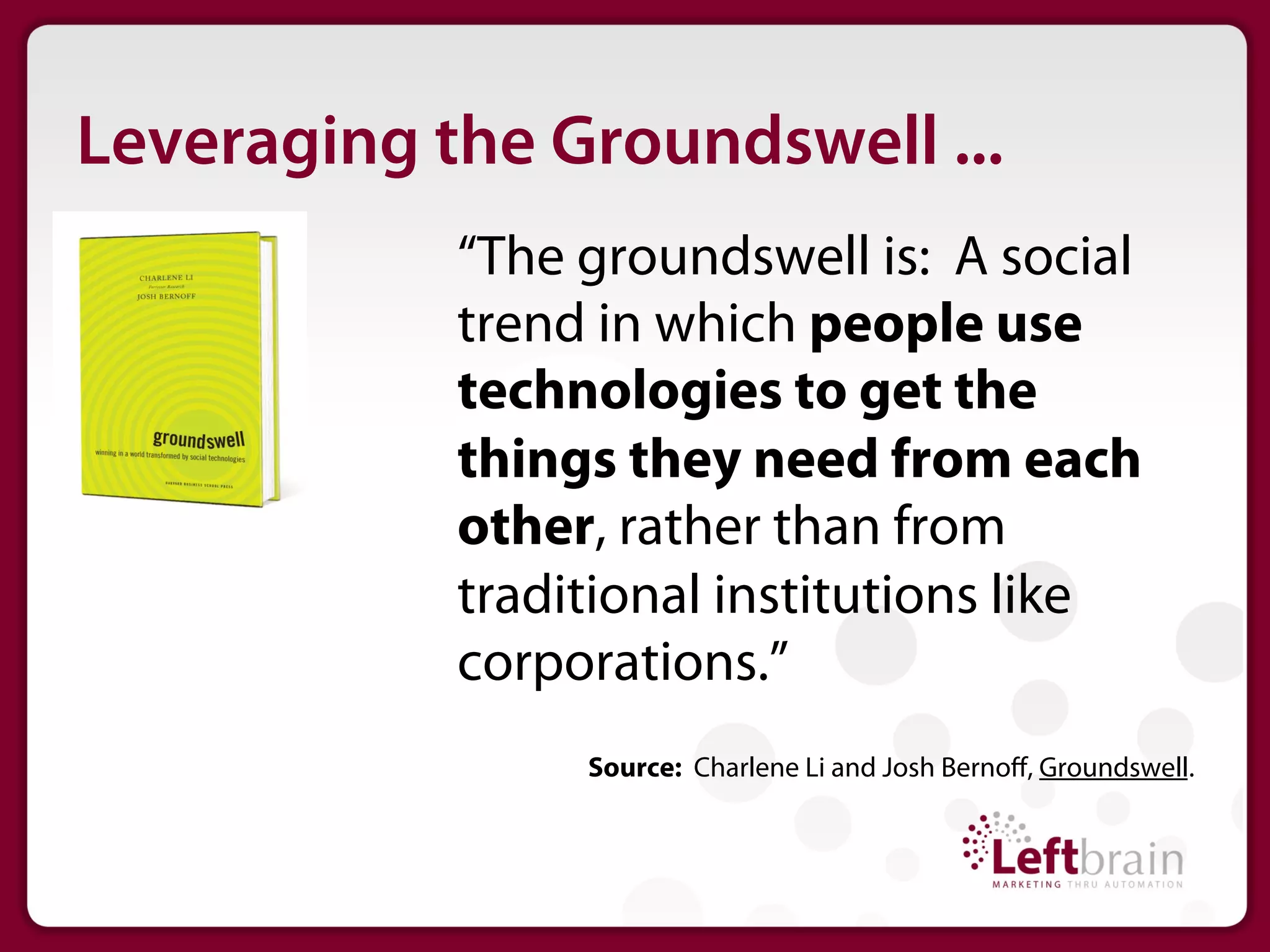 Leveraging the Groundswell ...
            “The groundswell is: A social
            trend in which people use
            technologies to get the
            things they need from each
            other, rather than from
            traditional institutions like
            corporations.”
                 Source: Charlene Li and Josh Bernoﬀ, Groundswell.
 
