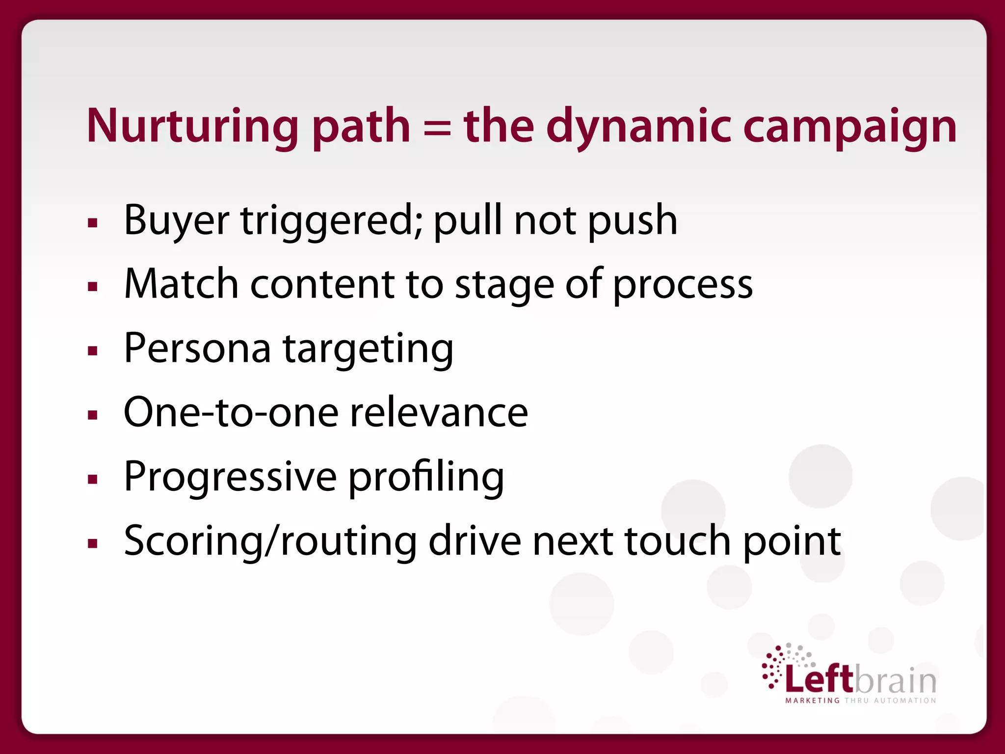Nurturing path = the dynamic campaign
§    Buyer triggered; pull not push
§    Match content to stage of process
§    Persona targeting
§    One-to-one relevance
§    Progressive pro ling
§    Scoring/routing drive next touch point
 