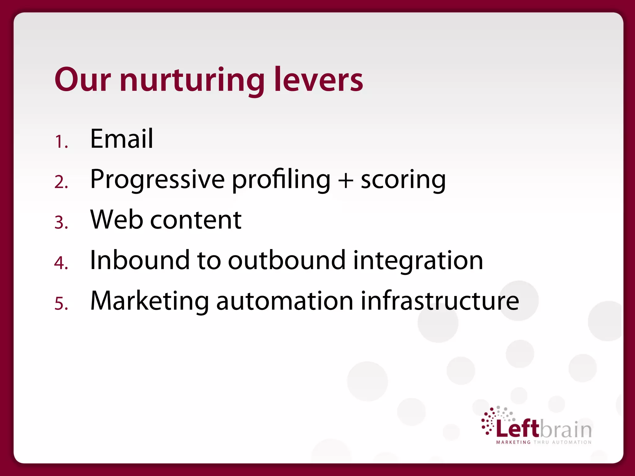 Our nurturing levers
1.    Email
2.    Progressive pro ling + scoring
3.    Web content
4.    Inbound to outbound integration
5.    Marketing automation infrastructure
 