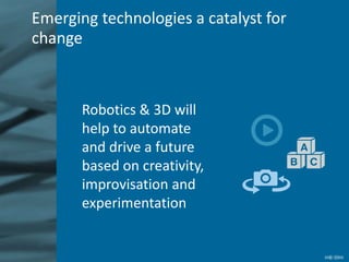 Robotics & 3D will
help to automate
and drive a future
based on creativity,
improvisation and
experimentation
Emerging tec...
