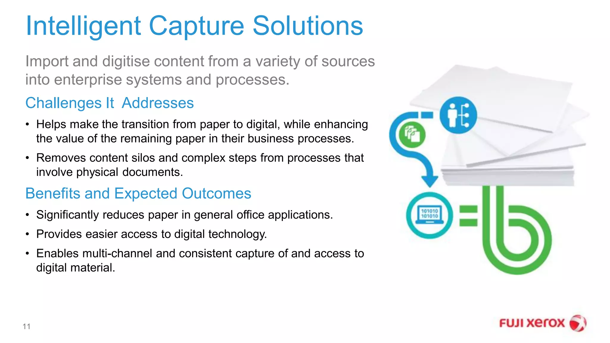 Intelligent Capture Solutions
Import and digitise content from a variety of sources
into enterprise systems and processes.
Challenges It Addresses
• Helps make the transition from paper to digital, while enhancing
the value of the remaining paper in their business processes.
• Removes content silos and complex steps from processes that
involve physical documents.
Benefits and Expected Outcomes
• Significantly reduces paper in general office applications.
• Provides easier access to digital technology.
• Enables multi-channel and consistent capture of and access to
digital material.
11
 