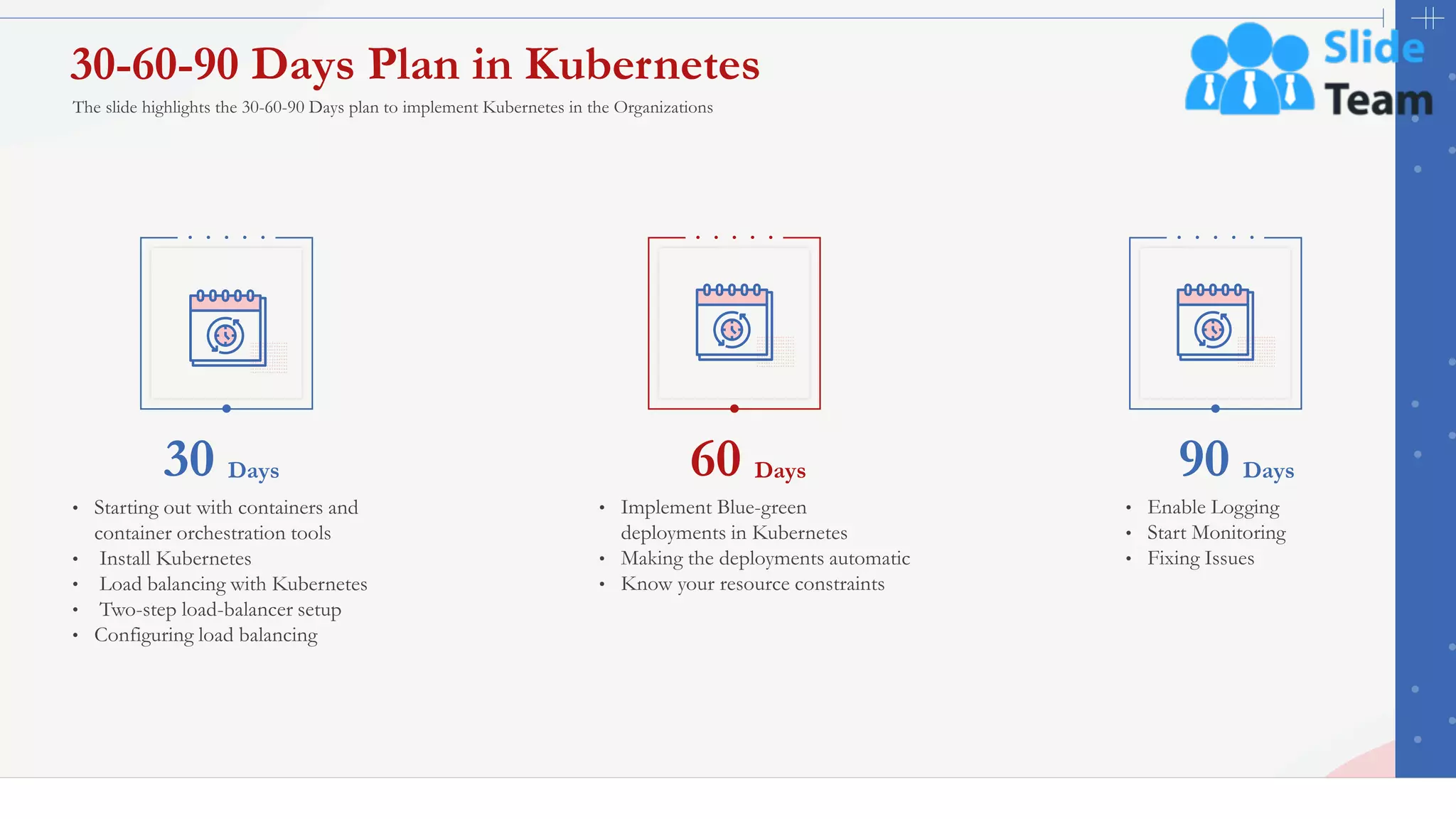21
30-60-90 Days Plan in Kubernetes
• Enable Logging
• Start Monitoring
• Fixing Issues
90 Days
• Implement Blue-green
deployments in Kubernetes
• Making the deployments automatic
• Know your resource constraints
60 Days
• Starting out with containers and
container orchestration tools
• Install Kubernetes
• Load balancing with Kubernetes
• Two-step load-balancer setup
• Configuring load balancing
30 Days
The slide highlights the 30-60-90 Days plan to implement Kubernetes in the Organizations
This slide is 100% editable. Adapt it to your needs and capture your audience's attention.
 