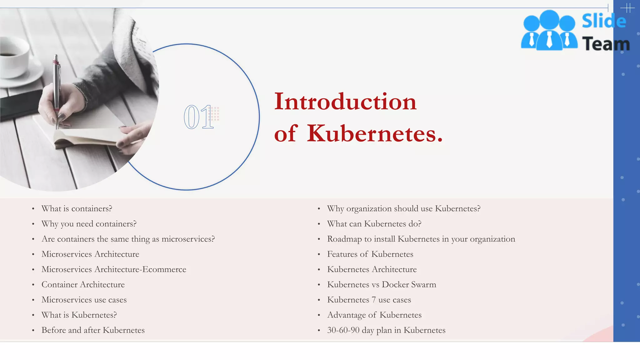 3
• What is containers?
• Why you need containers?
• Are containers the same thing as microservices?
• Microservices Architecture
• Microservices Architecture-Ecommerce
• Container Architecture
• Microservices use cases
• What is Kubernetes?
• Before and after Kubernetes
• Why organization should use Kubernetes?
• What can Kubernetes do?
• Roadmap to install Kubernetes in your organization
• Features of Kubernetes
• Kubernetes Architecture
• Kubernetes vs Docker Swarm
• Kubernetes 7 use cases
• Advantage of Kubernetes
• 30-60-90 day plan in Kubernetes
Introduction
of Kubernetes.
 