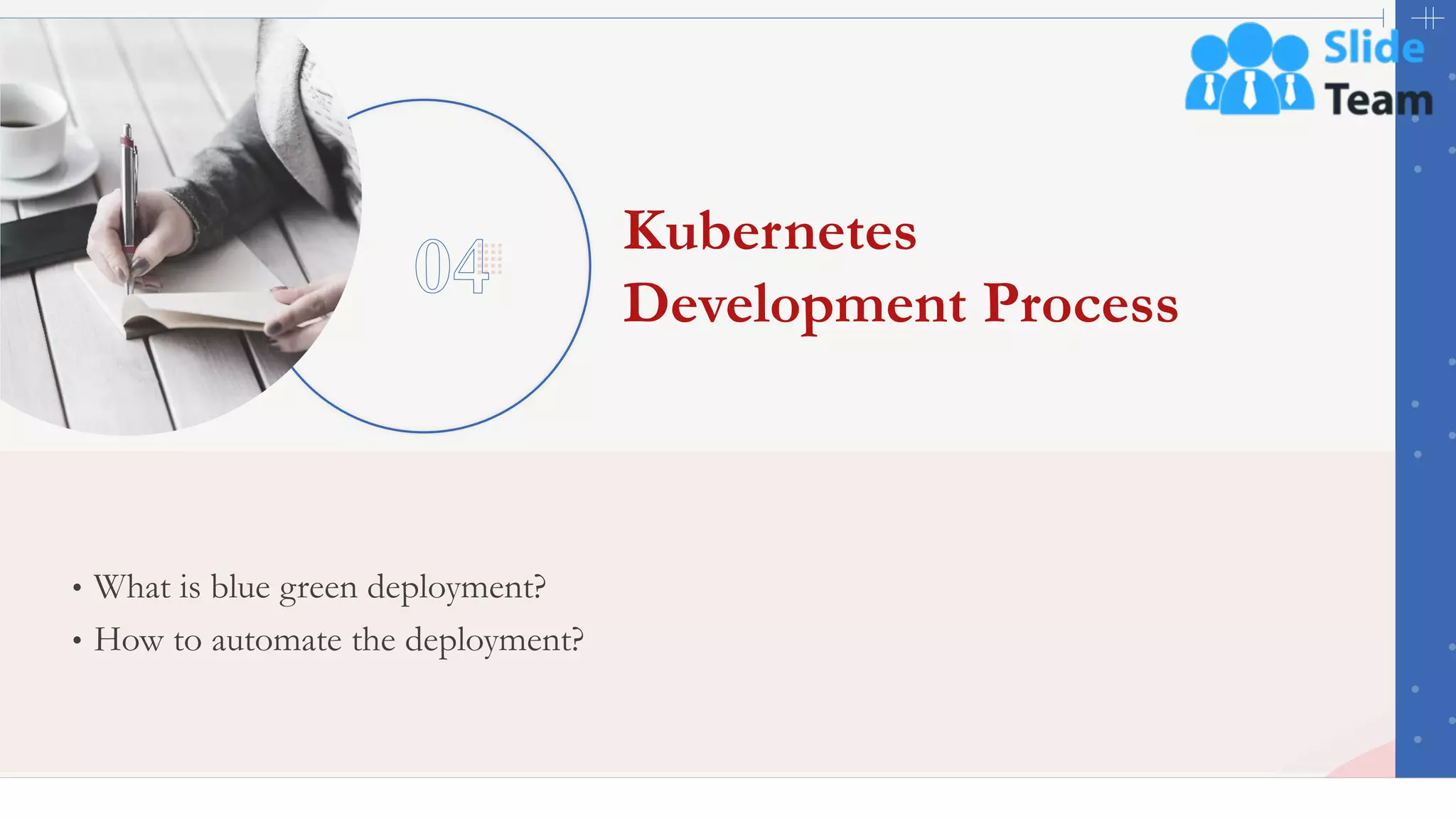 31
• What is blue green deployment?
• How to automate the deployment?
Kubernetes
Development Process
 