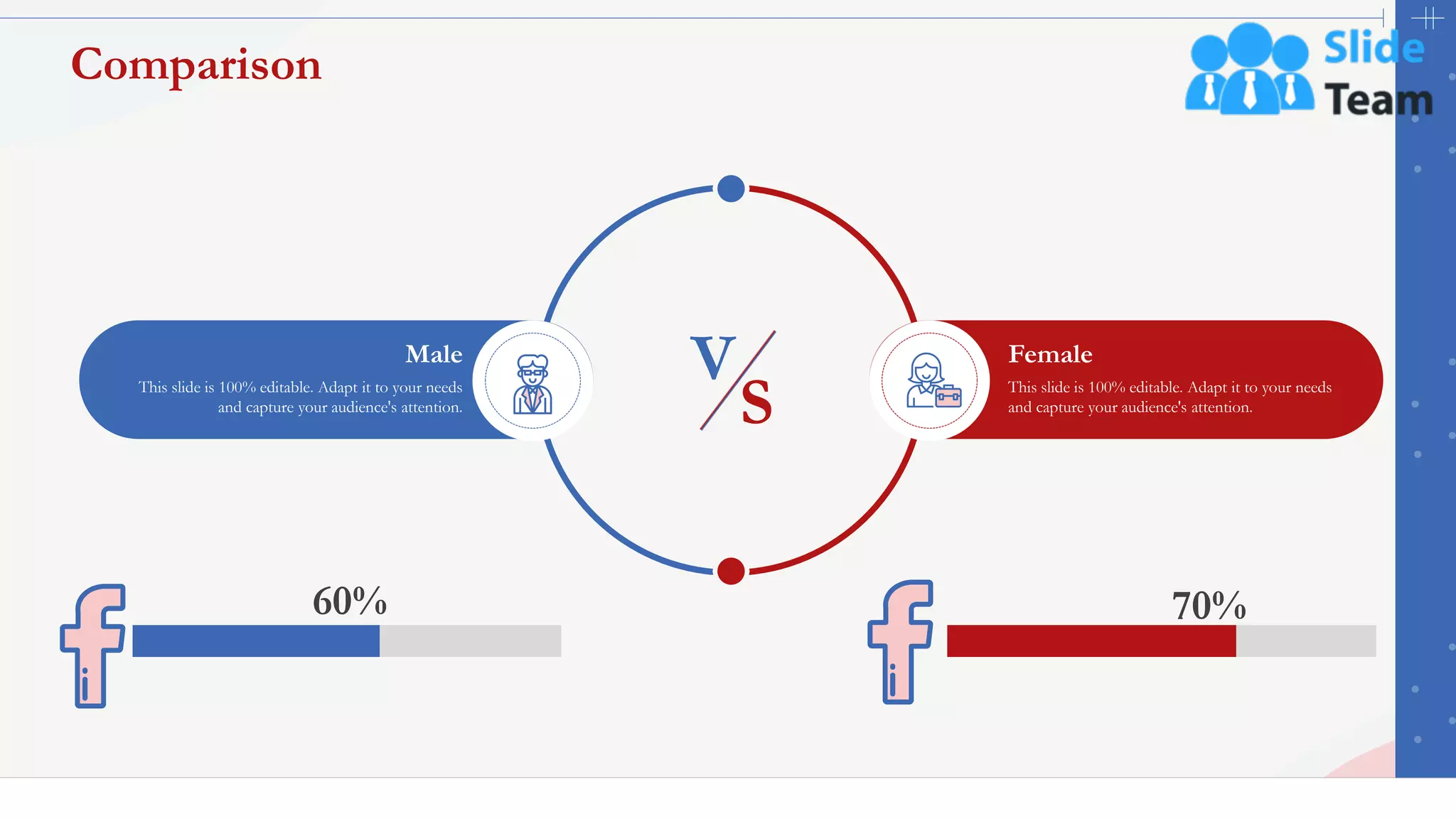 44
Comparison
Male
This slide is 100% editable. Adapt it to your needs
and capture your audience's attention.
Female
This slide is 100% editable. Adapt it to your needs
and capture your audience's attention.
V
S
70%
60%
 