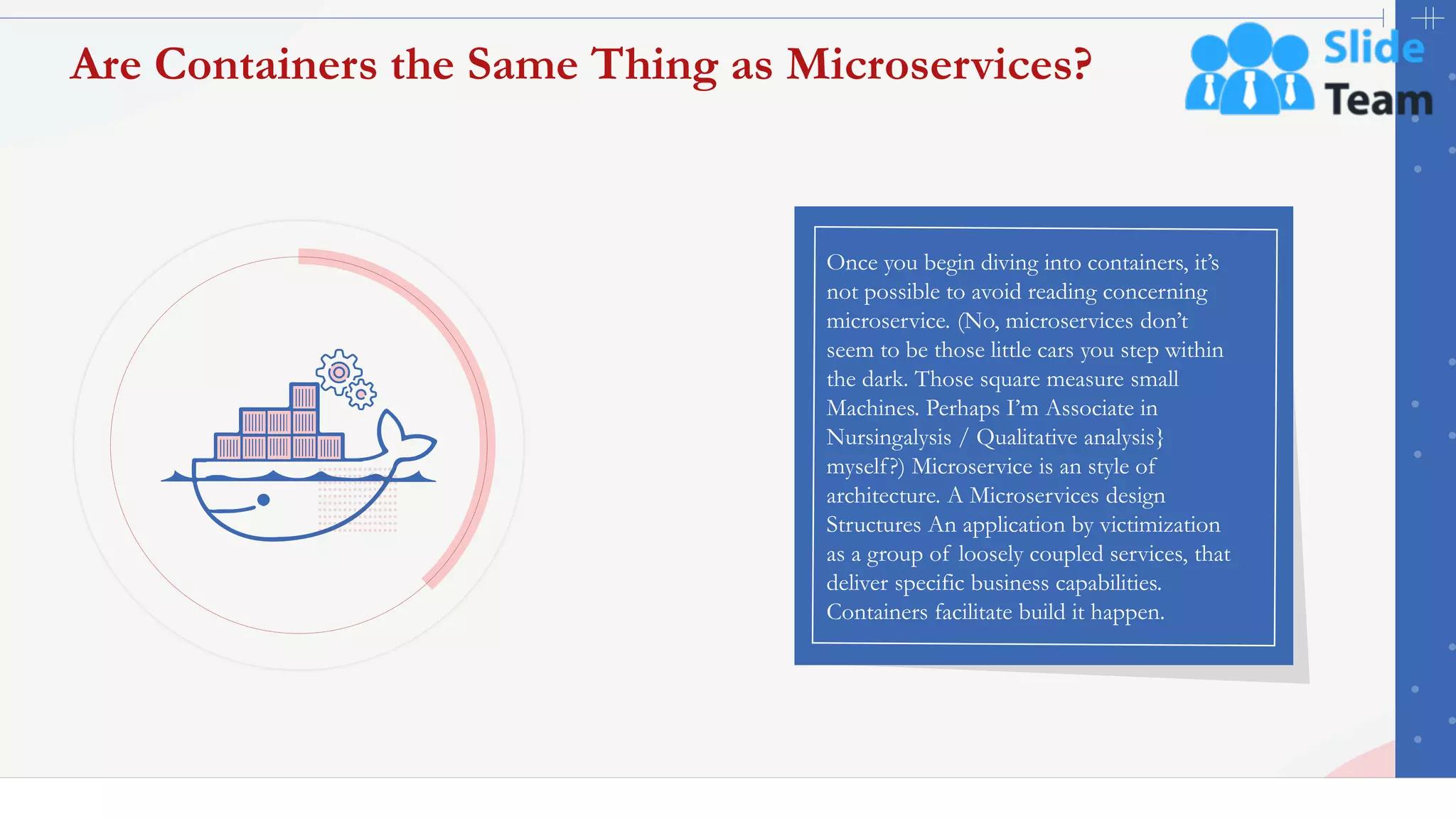 6
Are Containers the Same Thing as Microservices?
Once you begin diving into containers, it’s
not possible to avoid reading concerning
microservice. (No, microservices don’t
seem to be those little cars you step within
the dark. Those square measure small
Machines. Perhaps I’m Associate in
Nursingalysis / Qualitative analysis}
myself?) Microservice is an style of
architecture. A Microservices design
Structures An application by victimization
as a group of loosely coupled services, that
deliver specific business capabilities.
Containers facilitate build it happen.
This slide is 100% editable. Adapt it to your needs and capture your audience's attention.
 