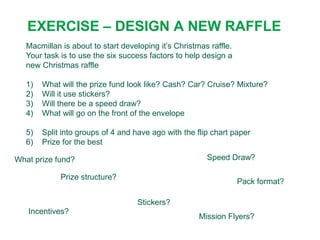 EXERCISE – DESIGN A NEW RAFFLE
   Macmillan is about to start developing it’s Christmas raffle.
   Your task is to use the six success factors to help design a
   new Christmas raffle

   1)   What will the prize fund look like? Cash? Car? Cruise? Mixture?
   2)   Will it use stickers?
   3)   Will there be a speed draw?
   4)   What will go on the front of the envelope

   5)   Split into groups of 4 and have ago with the flip chart paper
   6)   Prize for the best

What prize fund?                                        Speed Draw?

             Prize structure?
                                                                   Pack format?

                                   Stickers?
   Incentives?
                                                      Mission Flyers?
 