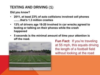 TEXTING AND DRIVING (1)
Did you know?
• 2011, at least 23% of auto collisions involved cell phones
…….that’s 1.3 million crashes
• 13% of drivers age 18-20 involved in car wrecks agreed to
texting or talking on their phones while the crash
happened
• 5 seconds is the minimal amount of time your attention is
off the road.
Fun Fact: If you’re traveling
at 55 mph, this equals driving
the length of a football field
without looking at the road
 
