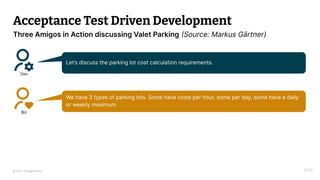© 2023 Thoughtworks
Acceptance Test Driven Development
14:20
Three Amigos in Action discussing Valet Parking (Source: Markus Gärtner)
Dev
Let’s discuss the parking lot cost calculation requirements.
Biz
We have 3 types of parking lots. Some have costs per hour, some per day, some have a daily
or weekly maximum.
 