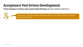 © 2023 Thoughtworks
Acceptance Test Driven Development
Biz
Valet parking, short-term parking, and regular parking. If you lose your ticket, you will be
charged a fee of $10.00.
14:20
Three Amigos in Action discussing Valet Parking (Source: Markus Gärtner)
 