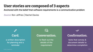 © 2023 Thoughtworks 7
a written description
for planning and a
reminder
Card.
User stories are composed of 3 aspects
Source: Ron Jeffries | Rachel Davies
Anchored with the belief that software requirements is a communication problem
to flesh out the
details of the
requirement
Conversation.
tests that convey &
document details to
determine completion
Confirmation.
13:52
© 2023 Thoughtworks
 