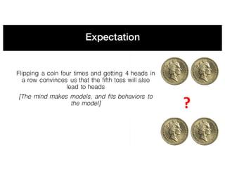 Flipping a coin four times and getting 4 heads in
a row convinces us that the fifth toss will also
lead to heads
[The mind makes models, and fits behaviors to
the model]
Expectation
?
 