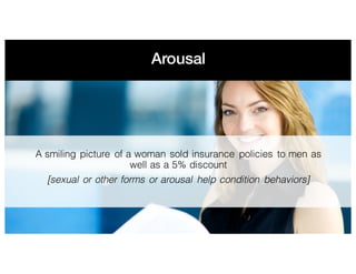 Arousal
A smiling picture of a woman sold insurance policies to men as
well as a 5% discount
[sexual or other forms or arousal help condition behaviors]
 
