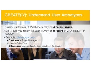 CREATE(IV): Understand User Archetypes
• Users, Customers, & Purchasers may be different people
• Make sure you follow the user journey of all users of your product or
service
• Example: Salesforce.com
• Customer is Sales Manager
• User is Sales Rep
• Other users include: Marketing; LeadGen; Telesales
 