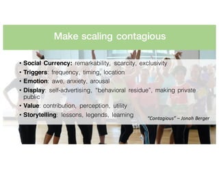 Make scaling contagious
• Social Currency: remarkability, scarcity, exclusivity
• Triggers: frequency, timing, location
• Emotion: awe, anxiety, arousal
• Display: self-advertising, “behavioral residue”, making private
public
• Value: contribution, perception, utility
• Storytelling: lessons, legends, learning
“Contagious”	– Jonah	Berger
 