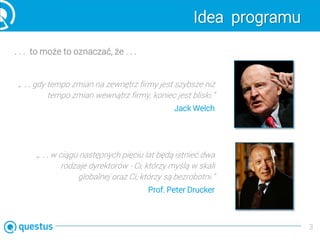 Idea programu
3
. . . to może to oznaczać, że . . .
„. . . gdy tempo zmian na zewnętrz firmy jest szybsze niż
tempo zmian wewnątrz firmy, koniec jest bliski.”
Jack Welch
„. . . w ciągu następnych pięciu lat będą istnieć dwa
rodzaje dyrektorów - Ci, którzy myślą w skali
globalnej oraz Ci, którzy są bezrobotni.”
Prof. Peter Drucker
 